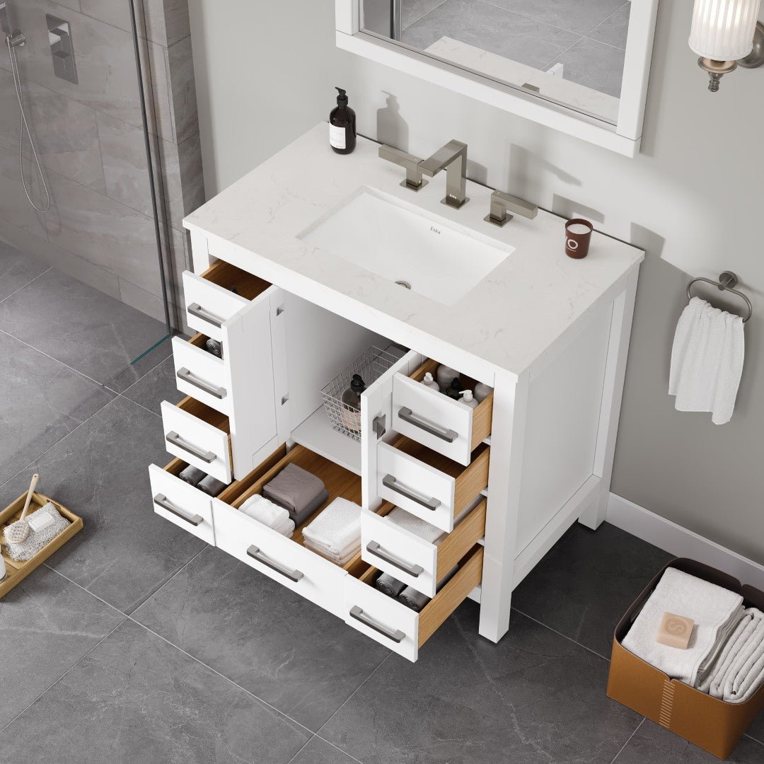 Hampton 36" x 22" White Single Sink Bath Vanity with Carrara Quartz Top and Undermount Porcelain Sink - Bathroom Vanity by Eviva