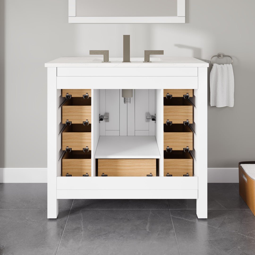 Hampton 36" x 22" White Single Sink Bath Vanity with Carrara Quartz Top and Undermount Porcelain Sink - Bathroom Vanity by Eviva