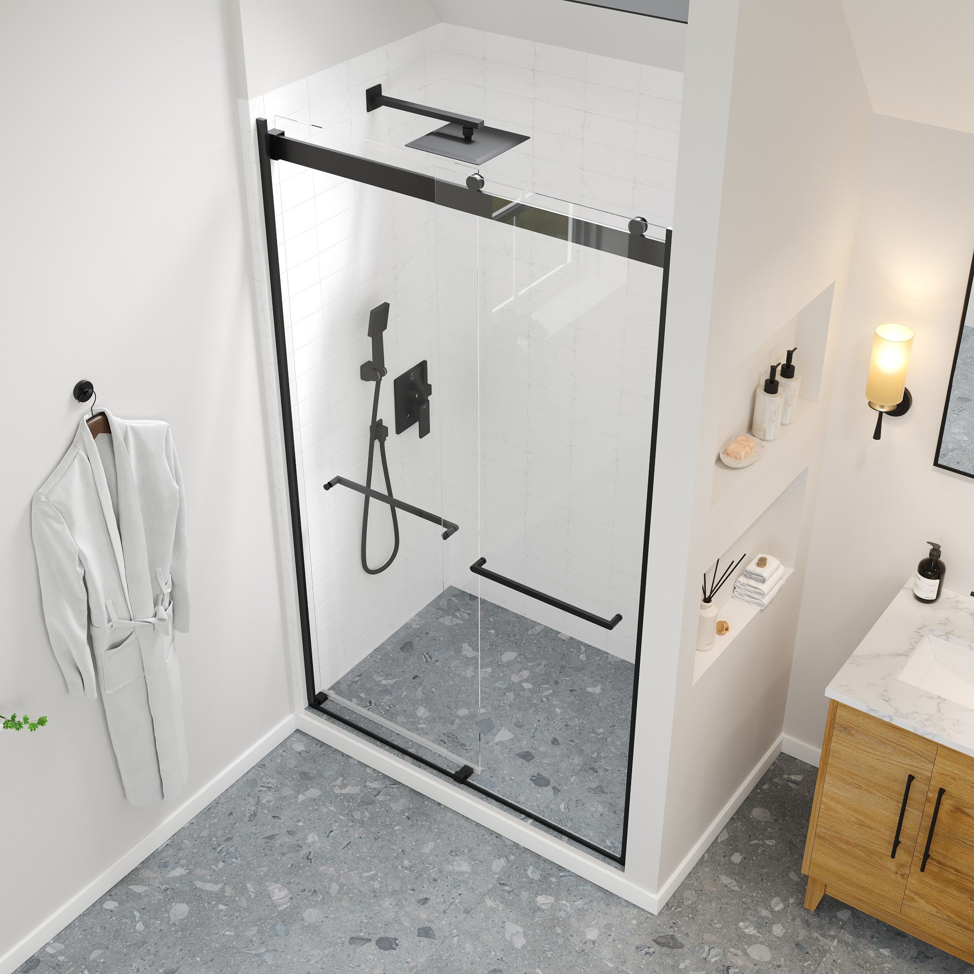 Eviva Glide 48 in. W x 78 in. H Sliding Frameless Shower Door in Matte Black with Tempered Glass