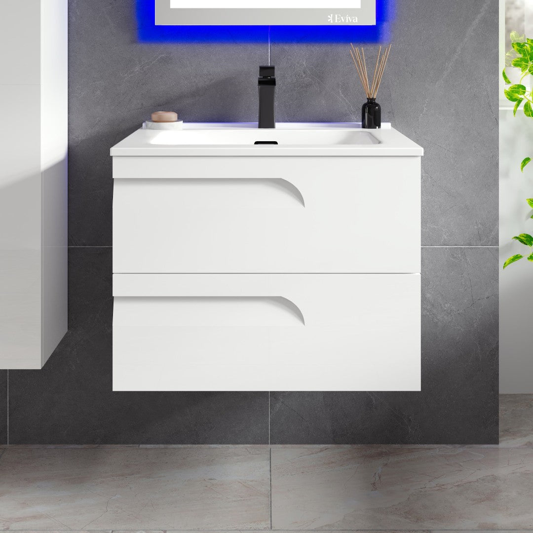 Joy 28 in. White  Wall Mount Single Sink Bath Vanity with Porcelain Top and Integrated Sink