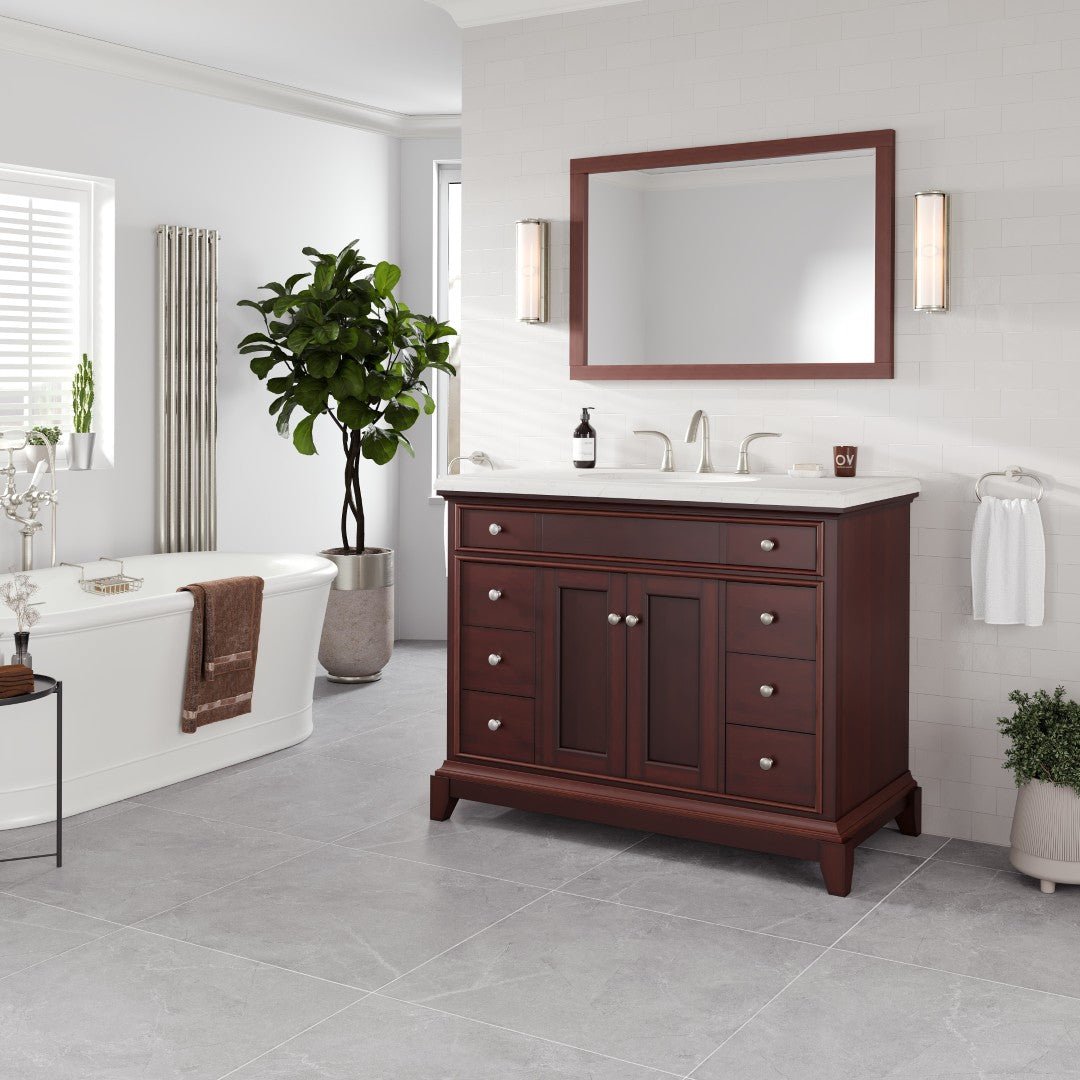 Elite Stamford 42 in. Teak Single Sink Bath Vanity with Carrara Quartz Top and Undermount Porcelain Sink - Bathroom Vanity by Eviva