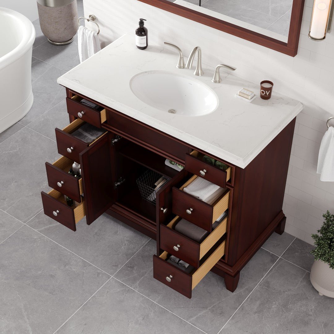 Elite Stamford 42 in. Teak Single Sink Bath Vanity with Carrara Quartz Top and Undermount Porcelain Sink - Bathroom Vanity by Eviva