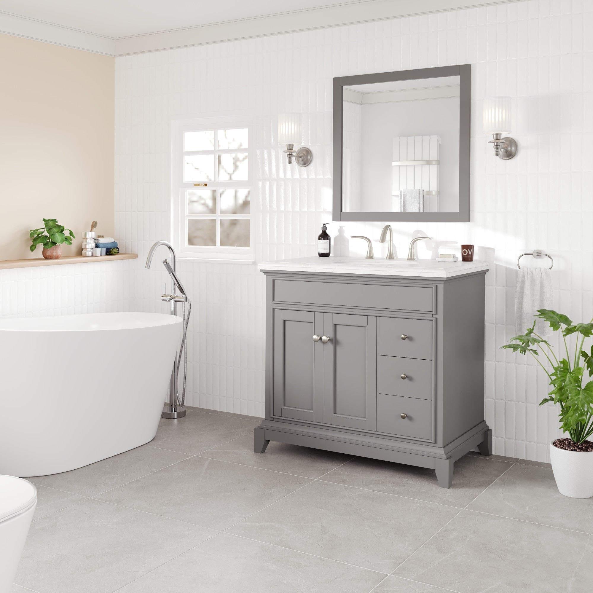 Elite Stamford 36 in. Gray Single Sink Bath Vanity with Carrara Quartz Top and Undermount Porcelain Sink