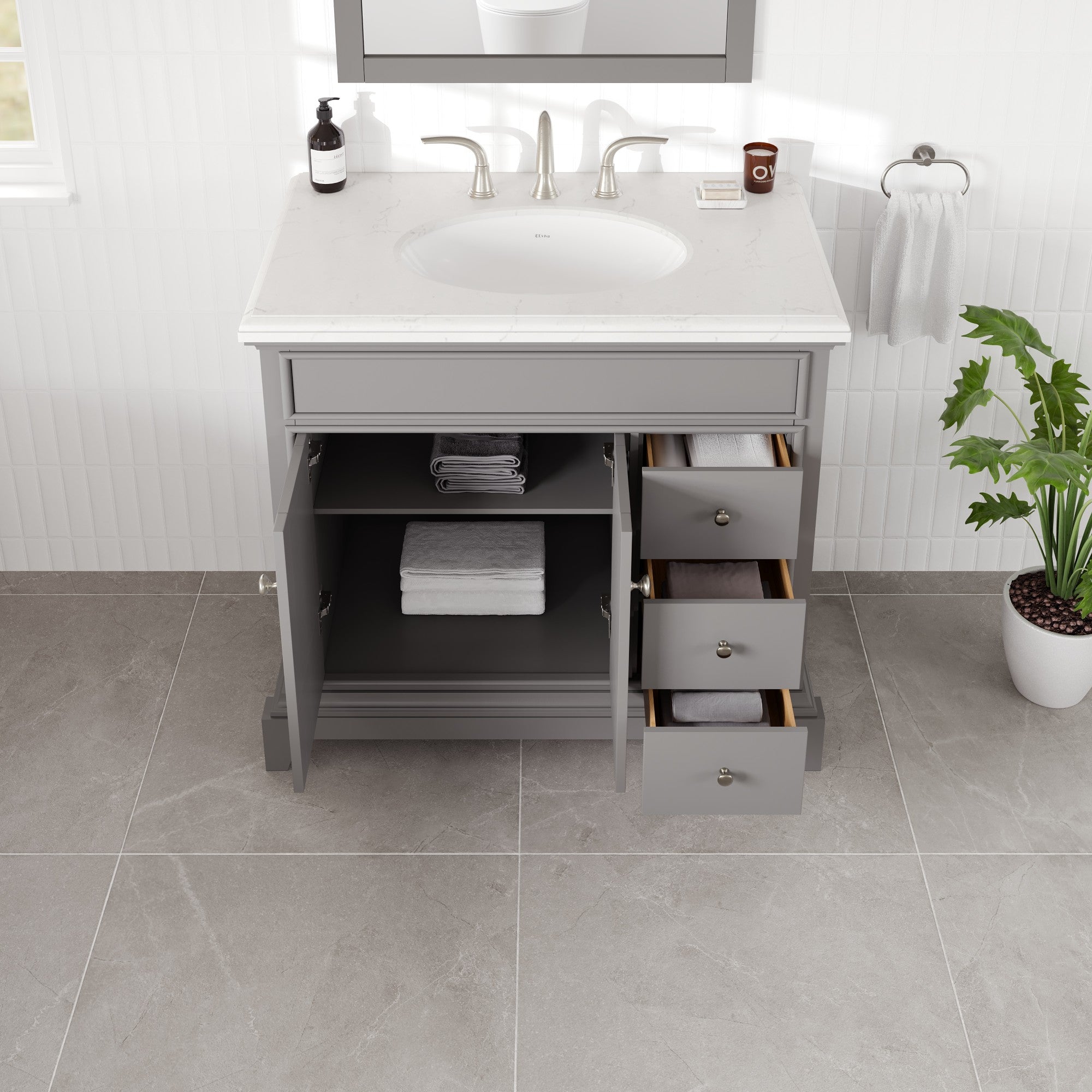 Elite Stamford 36 in. Gray Single Sink Bath Vanity with Carrara Quartz Top and Undermount Porcelain Sink