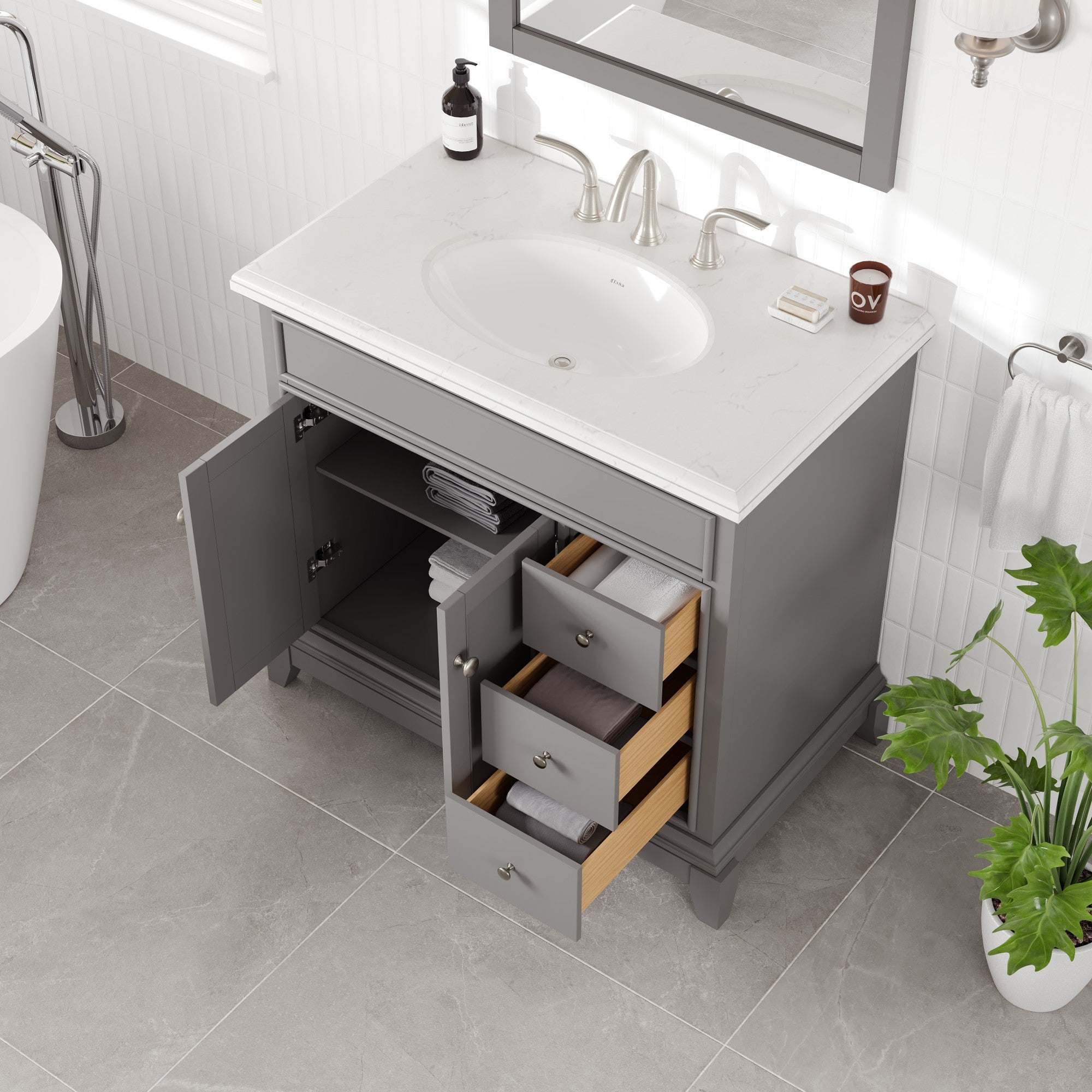 Elite Stamford 36 in. Gray Single Sink Bath Vanity with Carrara Quartz Top and Undermount Porcelain Sink