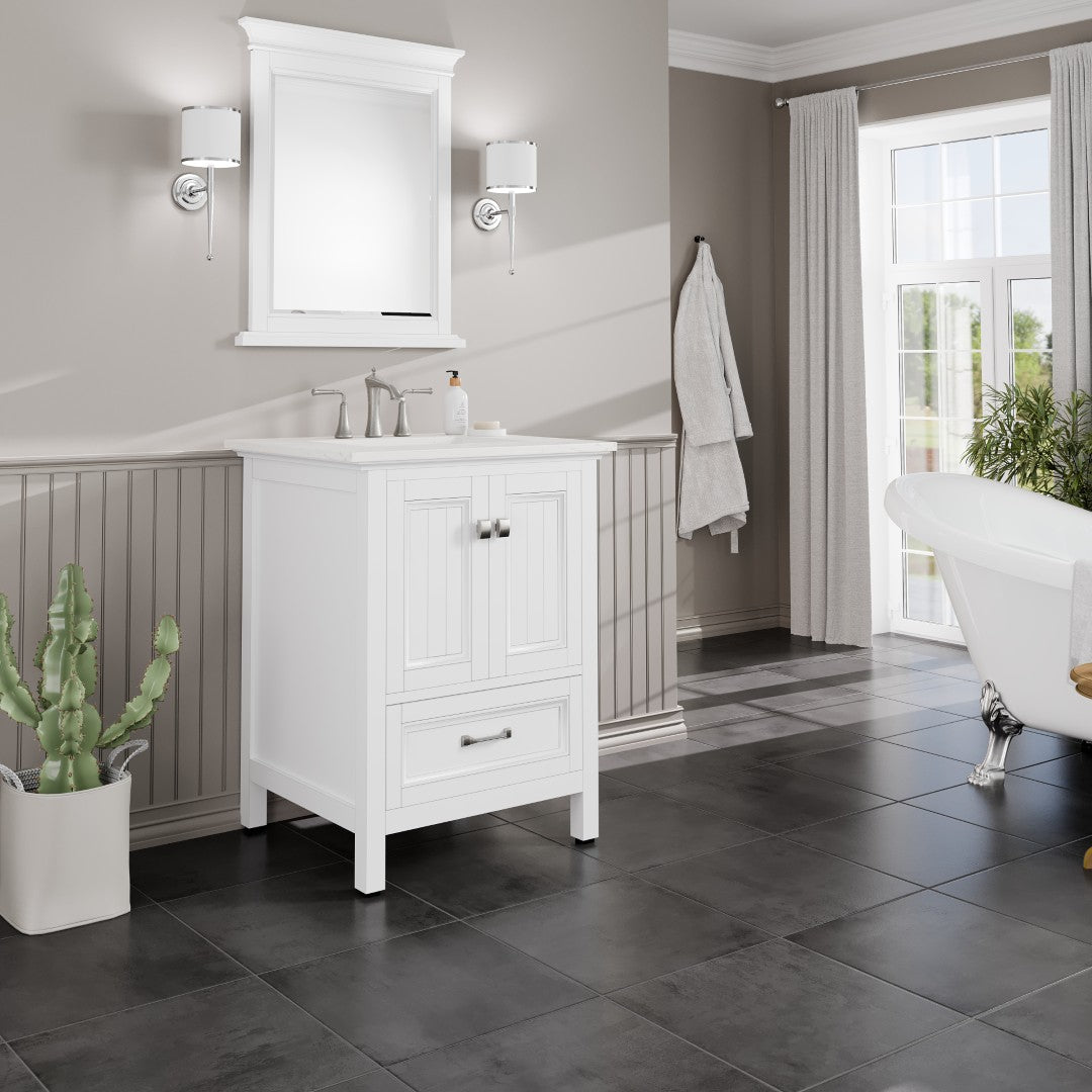 Britney 24 in. White Single Sink Bath Vanity with Carrara Quartz Top and Undermount Porcelain Sink