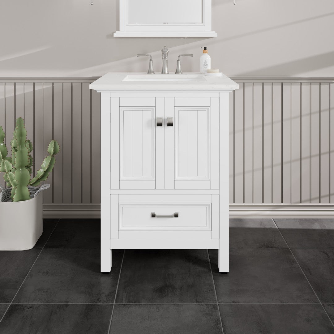 Britney 24 in. White Single Sink Bath Vanity with Carrara Quartz Top and Undermount Porcelain Sink