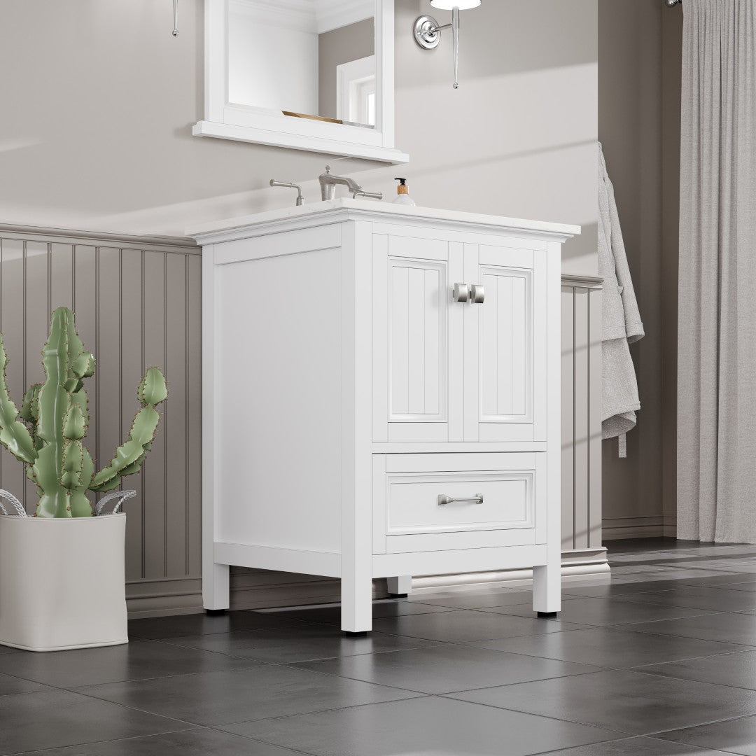 Britney 24 in. White Single Sink Bath Vanity with Carrara Quartz Top and Undermount Porcelain Sink