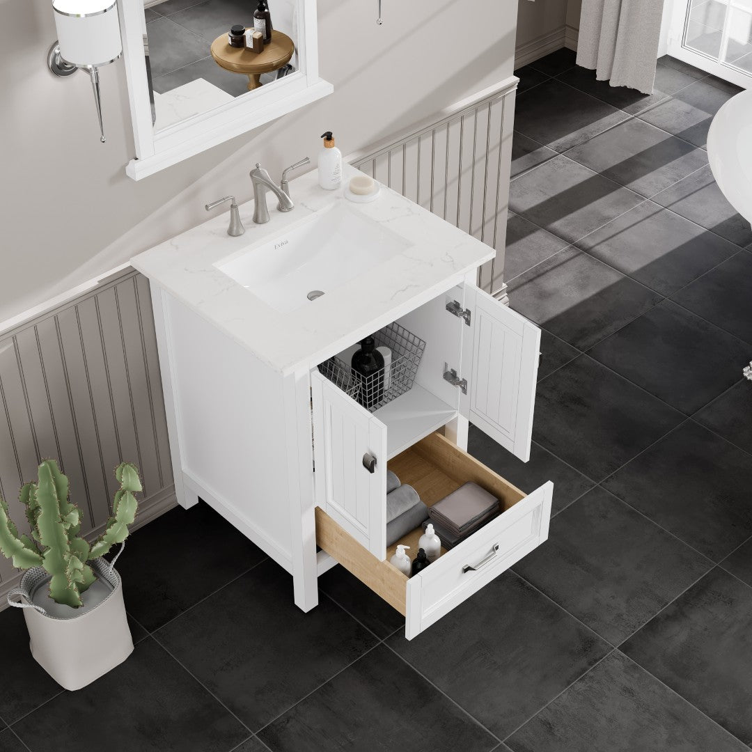Britney 24 in. White Single Sink Bath Vanity with Carrara Quartz Top and Undermount Porcelain Sink