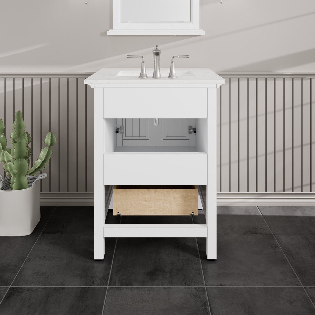 Britney 24 in. White Single Sink Bath Vanity with Carrara Quartz Top and Undermount Porcelain Sink