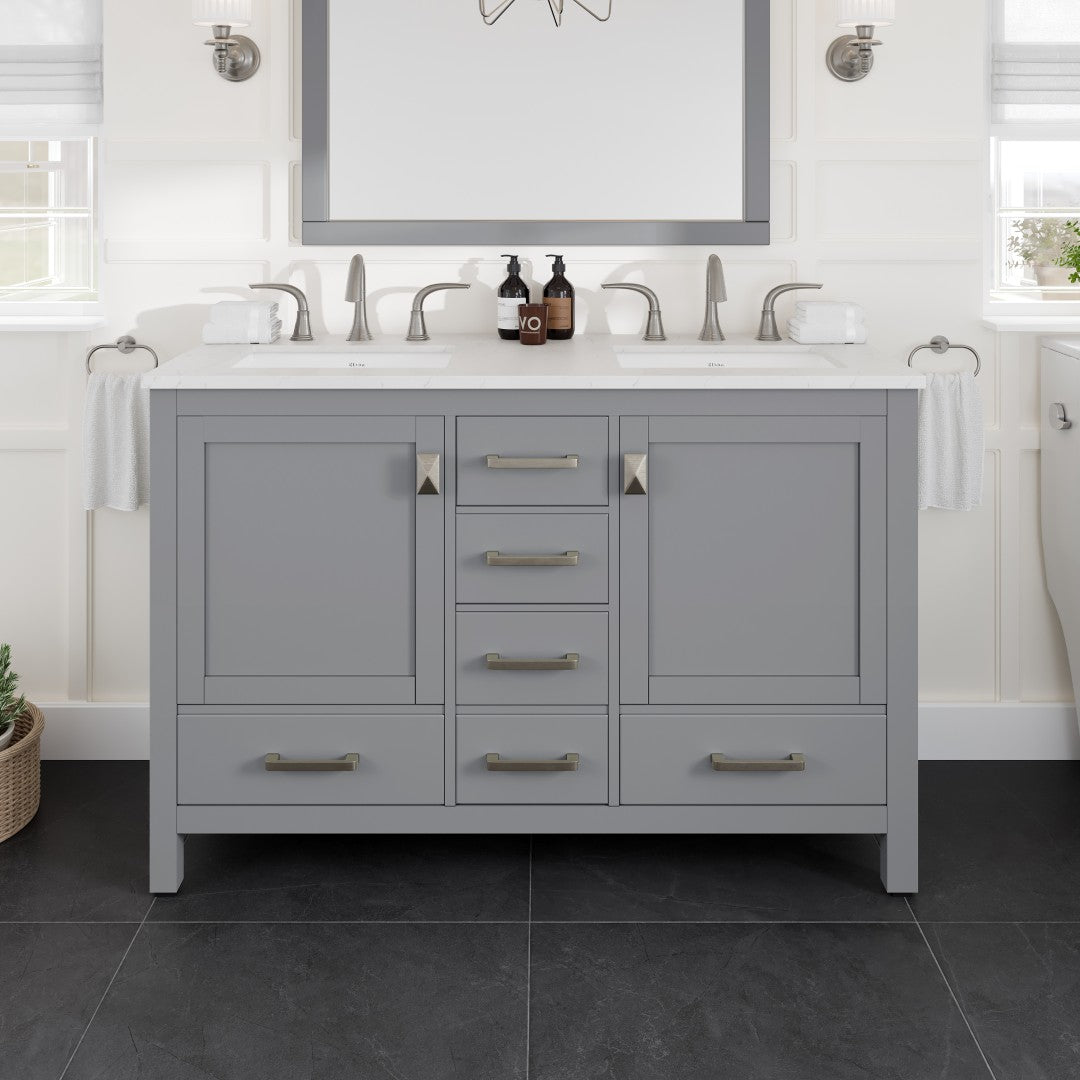 Aberdeen 48 in. Gray Double Sink Bath Vanity with Carrara Quartz Top and Undermount Porcelain Sinks