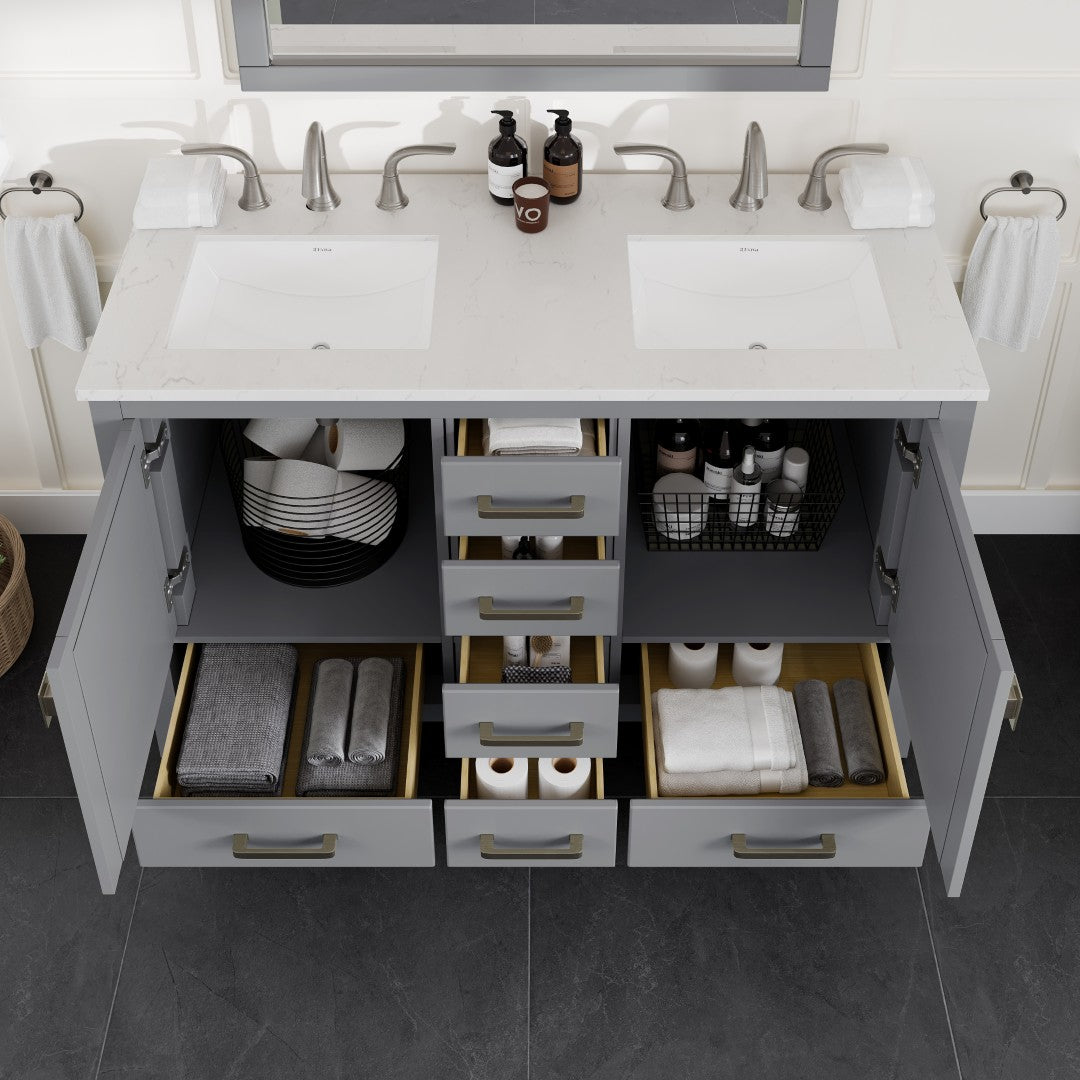 Aberdeen 48 in. Gray Double Sink Bath Vanity with Carrara Quartz Top and Undermount Porcelain Sinks - Bathroom Vanity by Eviva