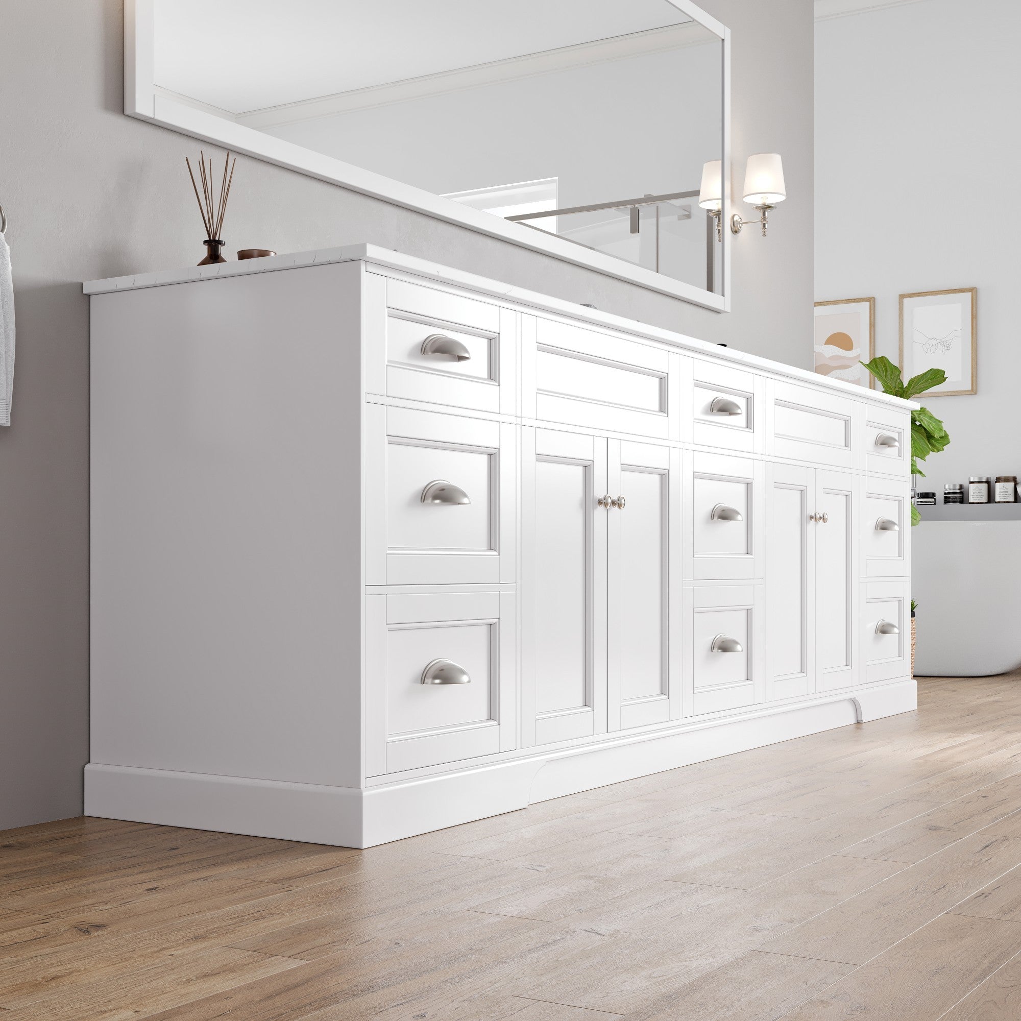 Epic 100 in. White Double Sink Bath Vanity with Carrara Quartz Top and Undermount Porcelain Sinks