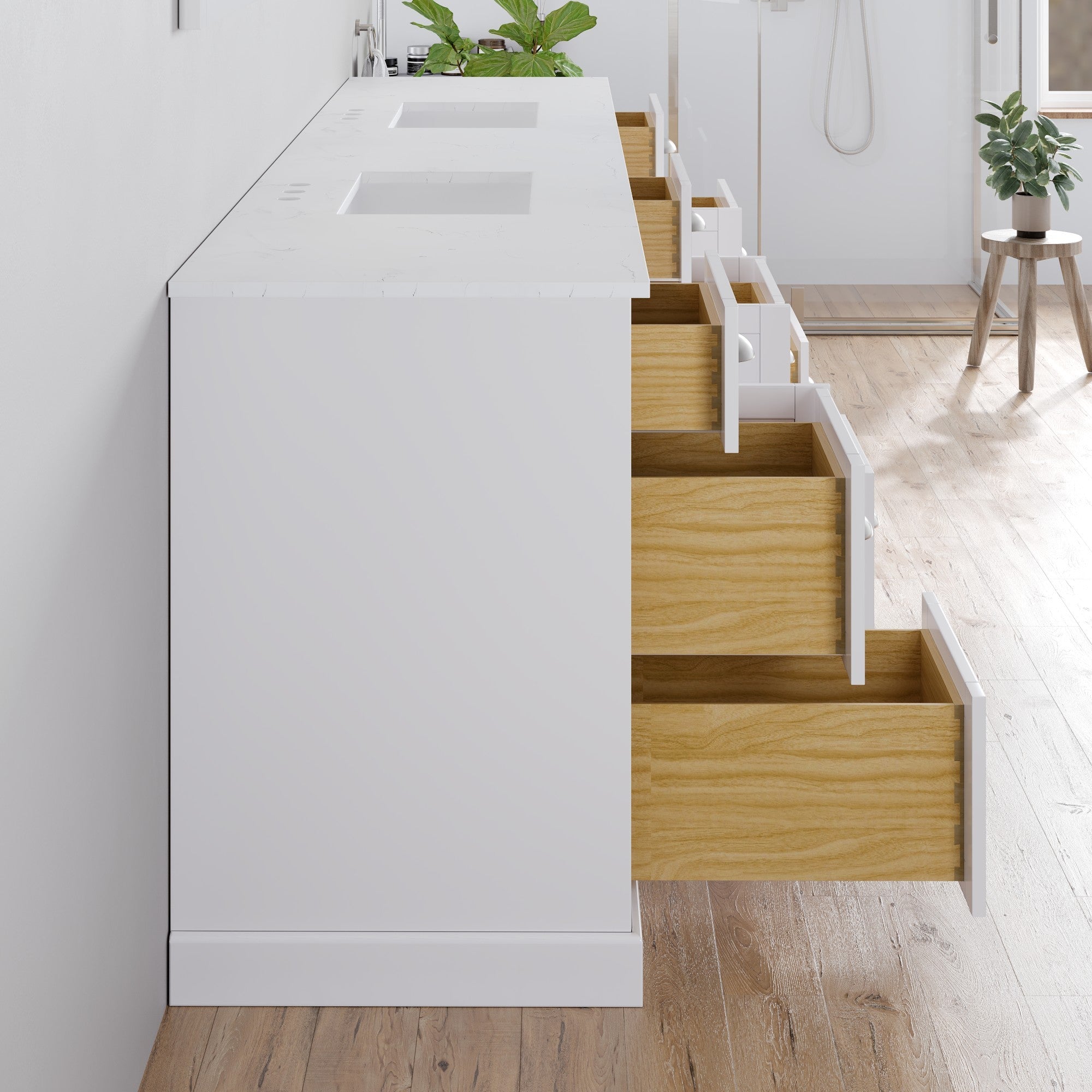Epic 100 in. White Double Sink Bath Vanity with Carrara Quartz Top and Undermount Porcelain Sinks
