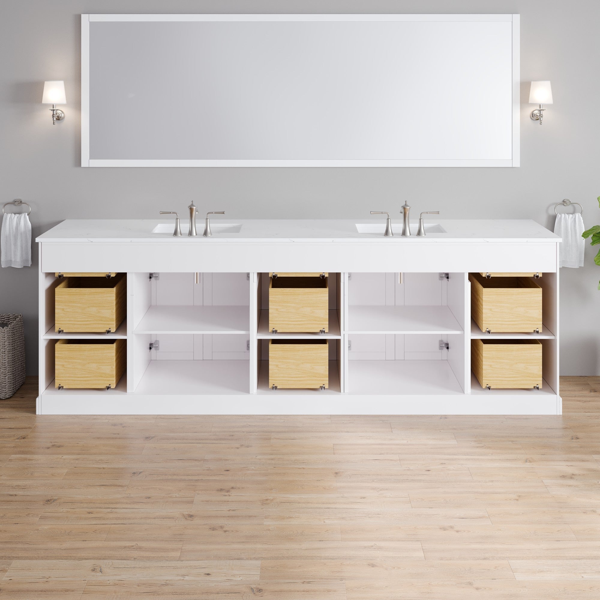 Epic 100 in. White Double Sink Bath Vanity with Carrara Quartz Top and Undermount Porcelain Sinks