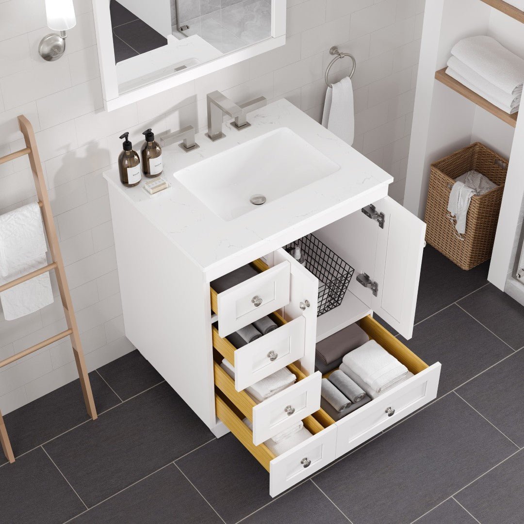 Acclaim 28 in. White Single Right Sink Bath Vanity with Carrara Quartz Top and Undermount Porcelain Sink - Bathroom Vanity by Eviva
