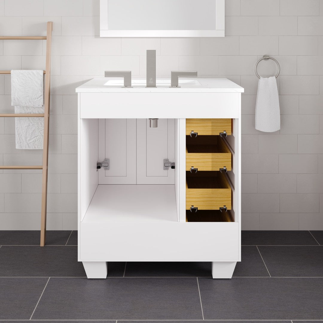 Acclaim 28 in. White Single Right Sink Bath Vanity with Carrara Quartz Top and Undermount Porcelain Sink