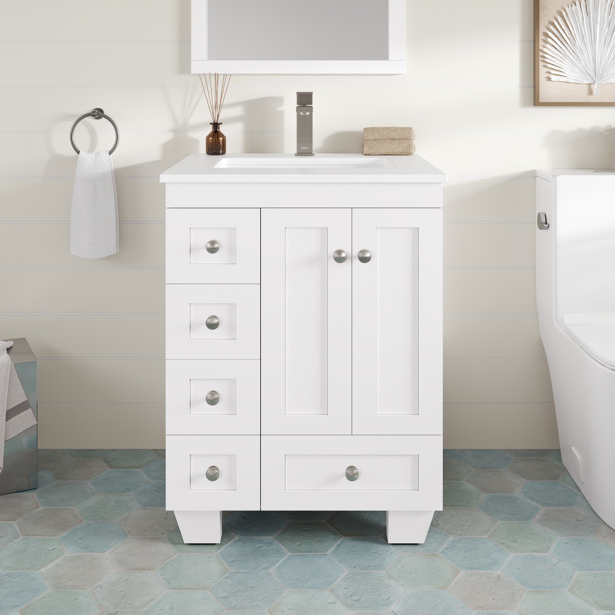 Acclaim 24 in. White Single Right Sink Bath Vanity with Carrara Quartz Top and Undermount Porcelain Sink