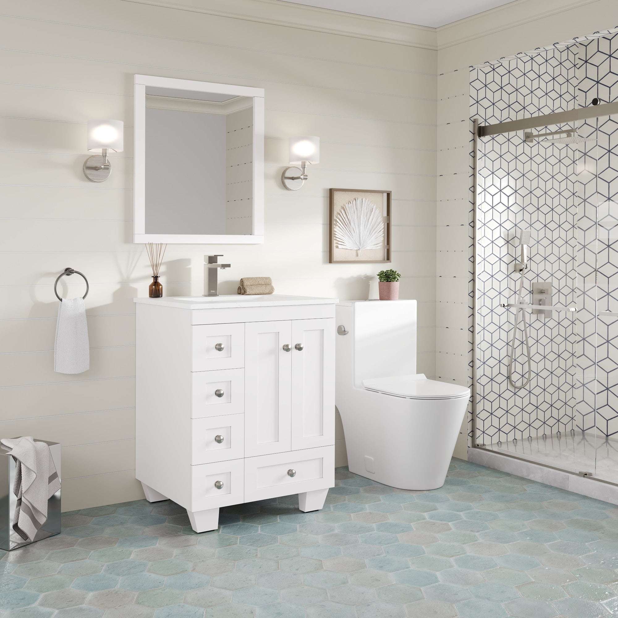 Acclaim 24 in. White Single Right Sink Bath Vanity with Carrara Quartz Top and Undermount Porcelain Sink