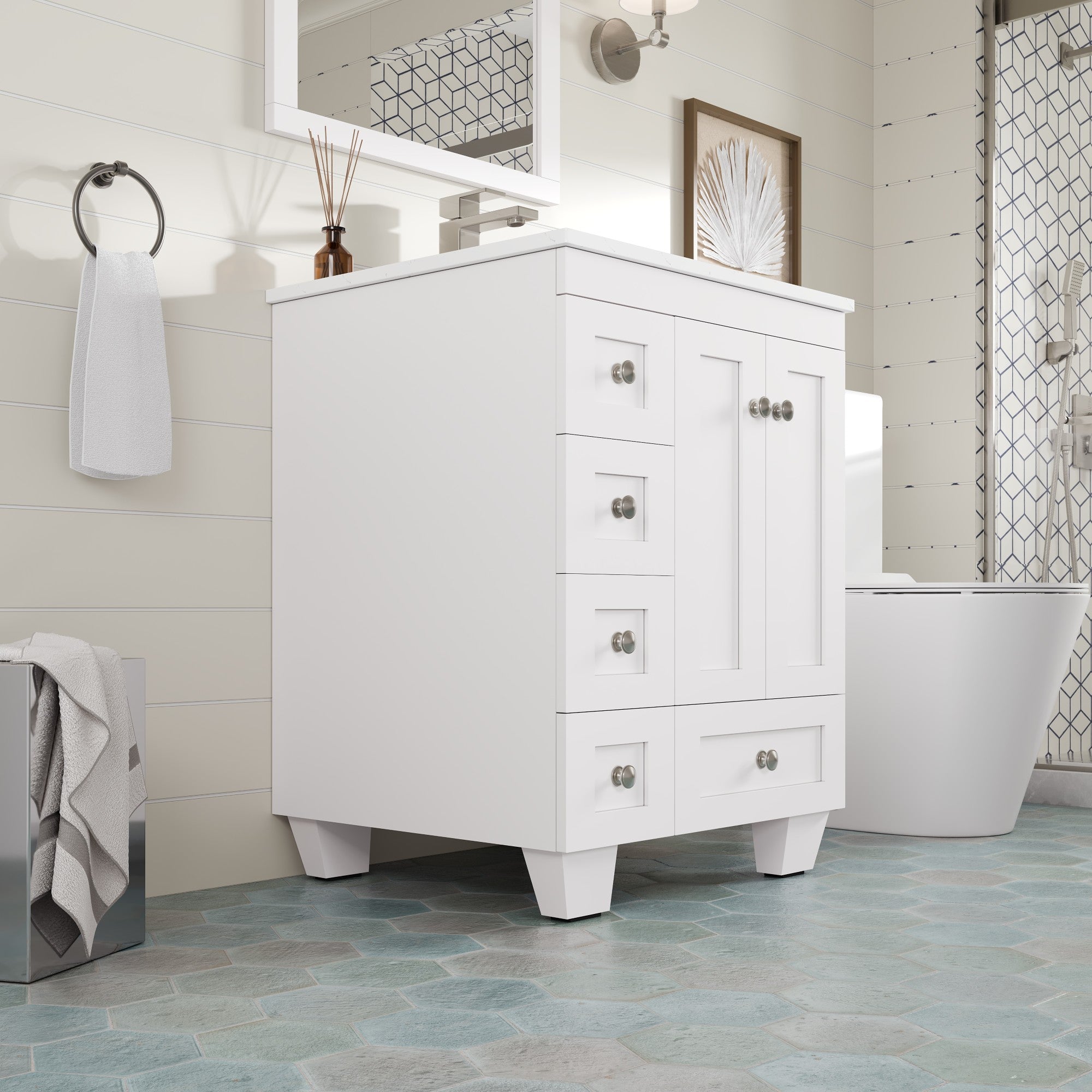 Acclaim 24 in. White Single Right Sink Bath Vanity with Carrara Quartz Top and Undermount Porcelain Sink
