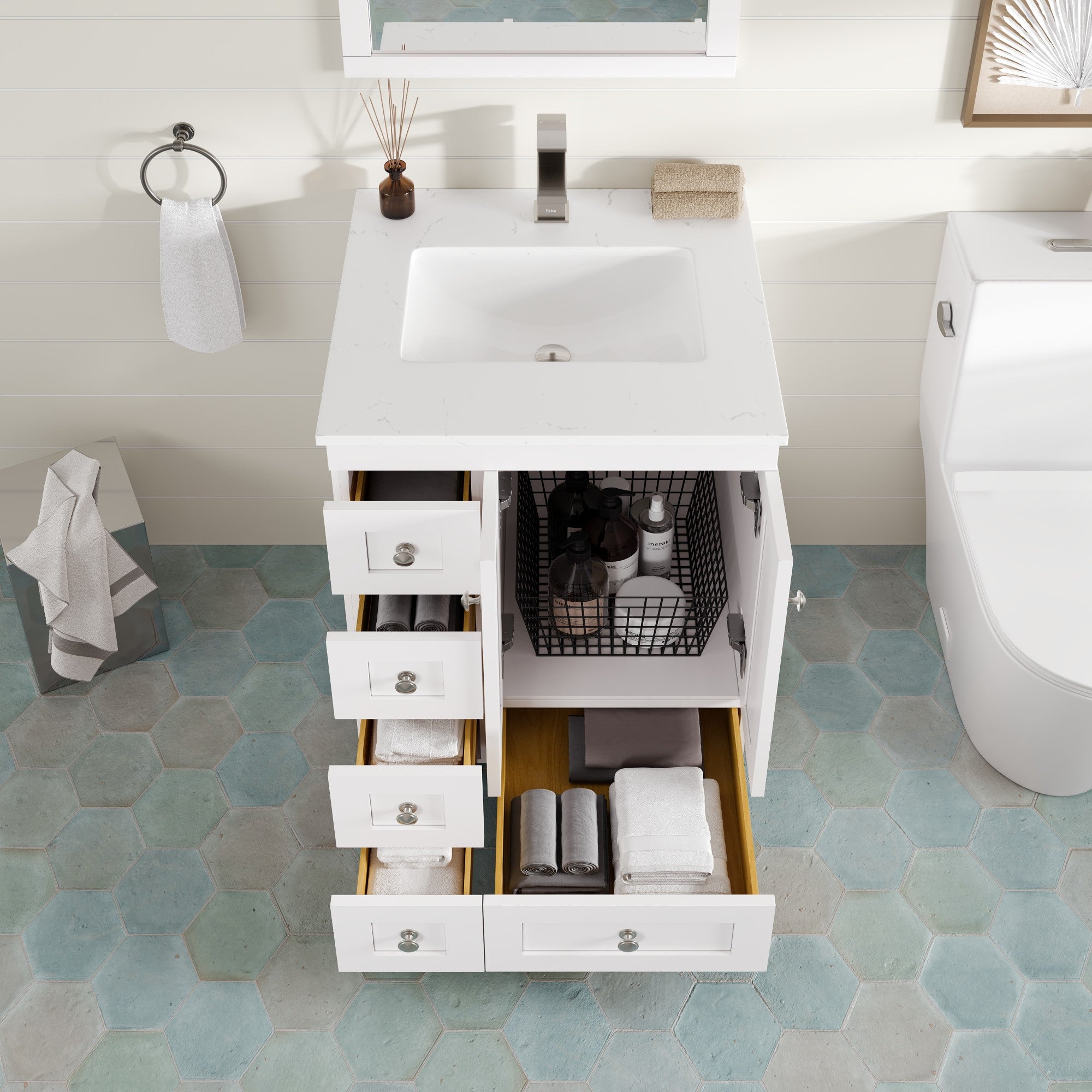 Acclaim 24 in. White Single Right Sink Bath Vanity with Carrara Quartz Top and Undermount Porcelain Sink