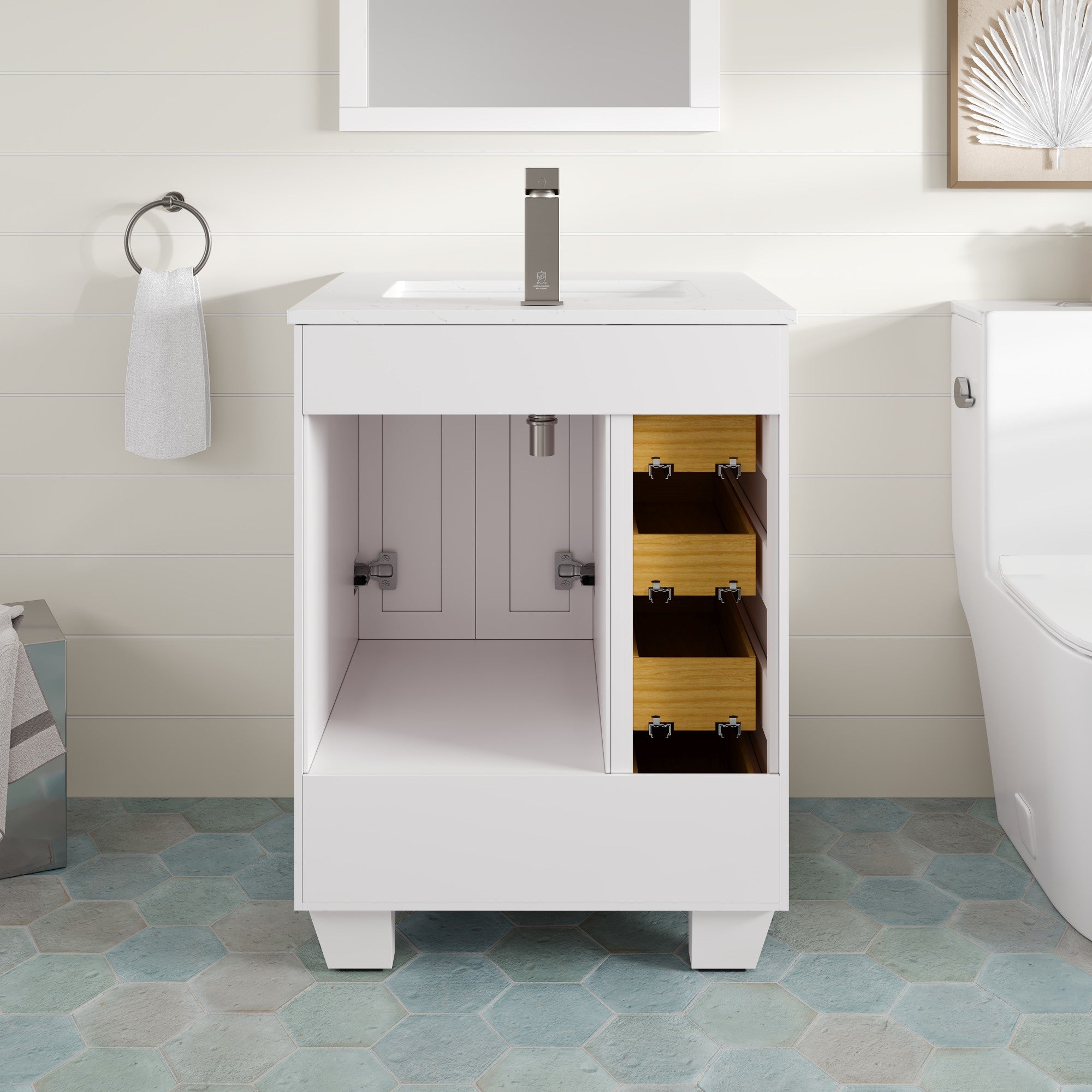 Acclaim 24 in. White Single Right Sink Bath Vanity with Carrara Quartz Top and Undermount Porcelain Sink