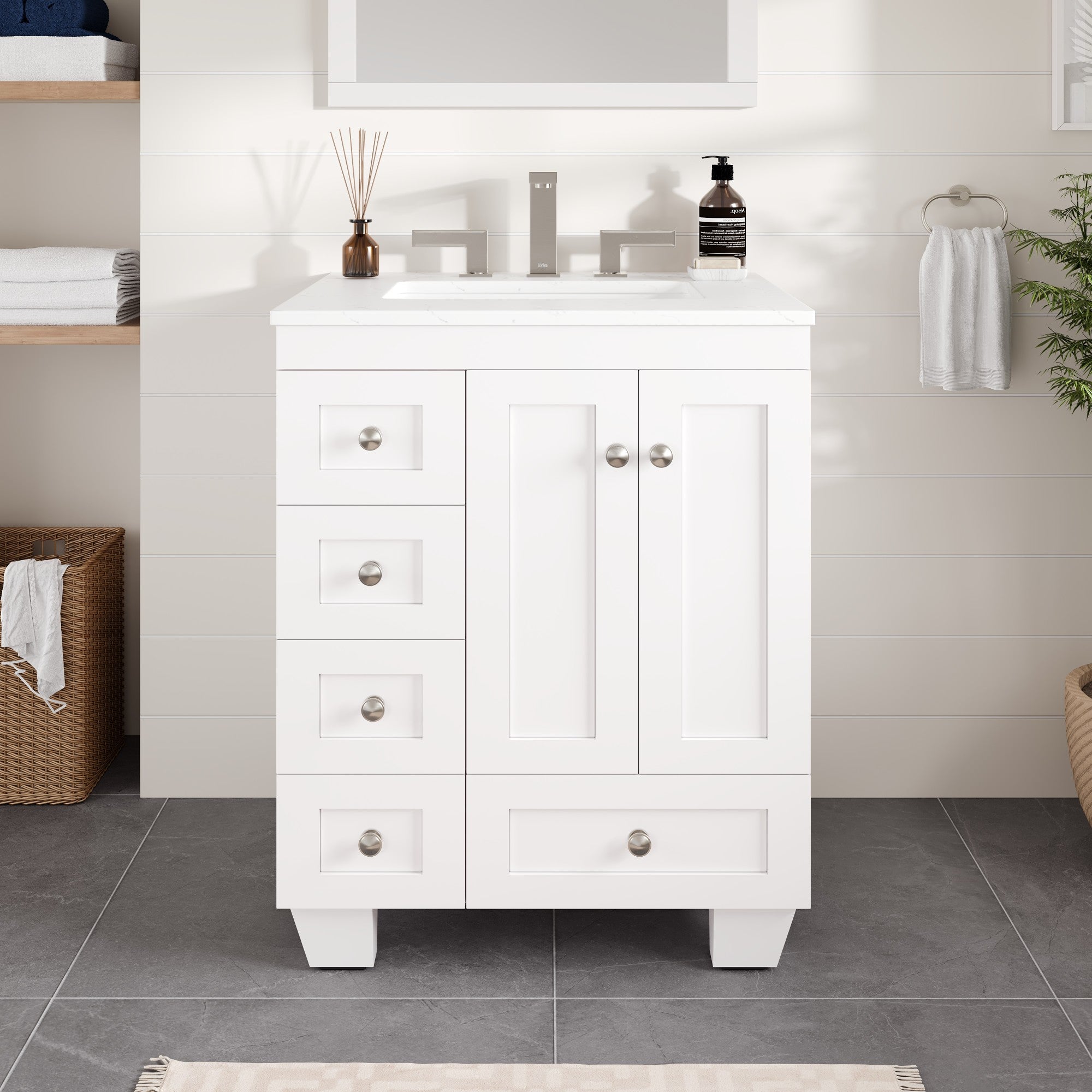 Acclaim 26 in. White Single Right Sink Bath Vanity with Carrara Quartz Top and Undermount Porcelain Sink