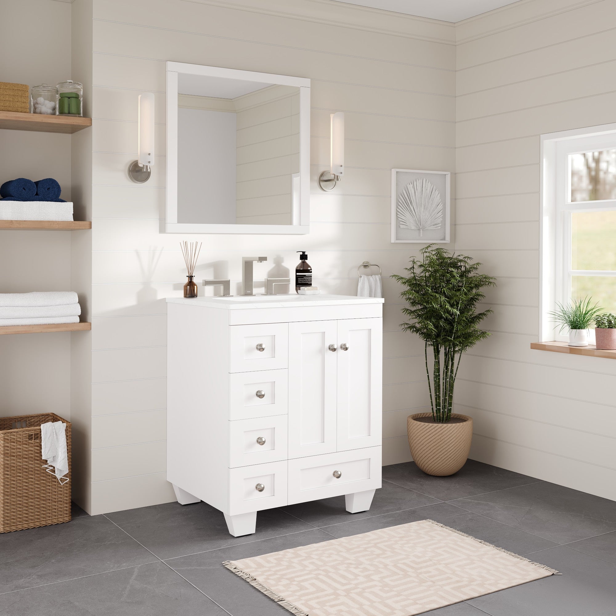 Acclaim 26 in. White Single Right Sink Bath Vanity with Carrara Quartz Top and Undermount Porcelain Sink