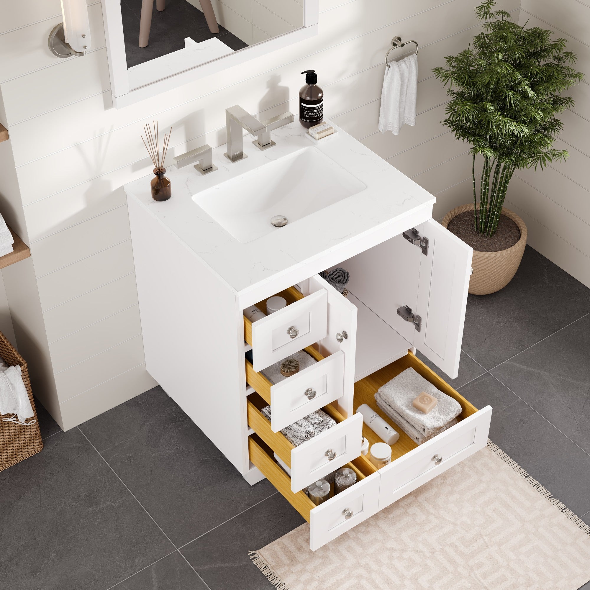 Acclaim 26 in. White Single Right Sink Bath Vanity with Carrara Quartz Top and Undermount Porcelain Sink
