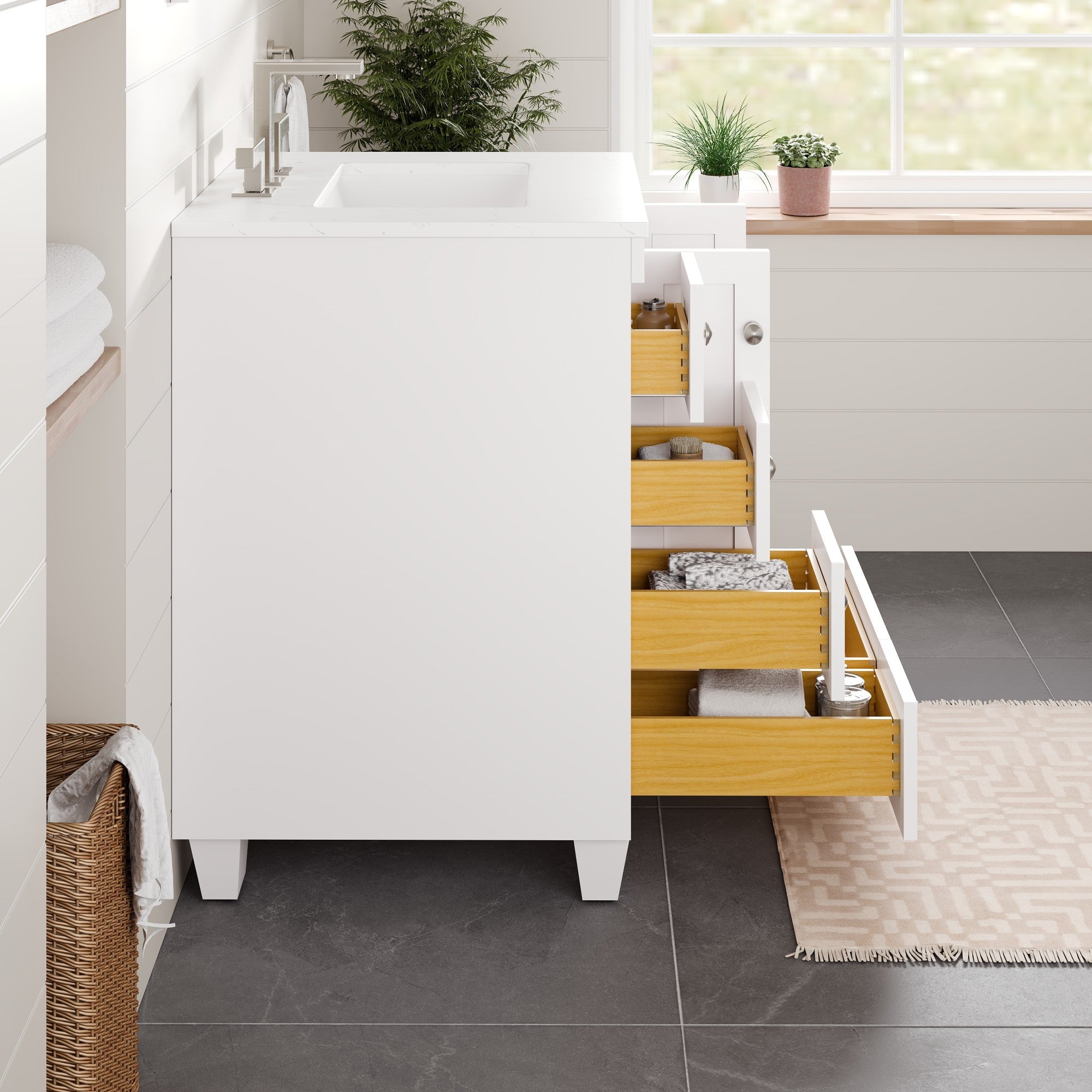 Acclaim 26 in. White Single Right Sink Bath Vanity with Carrara Quartz Top and Undermount Porcelain Sink