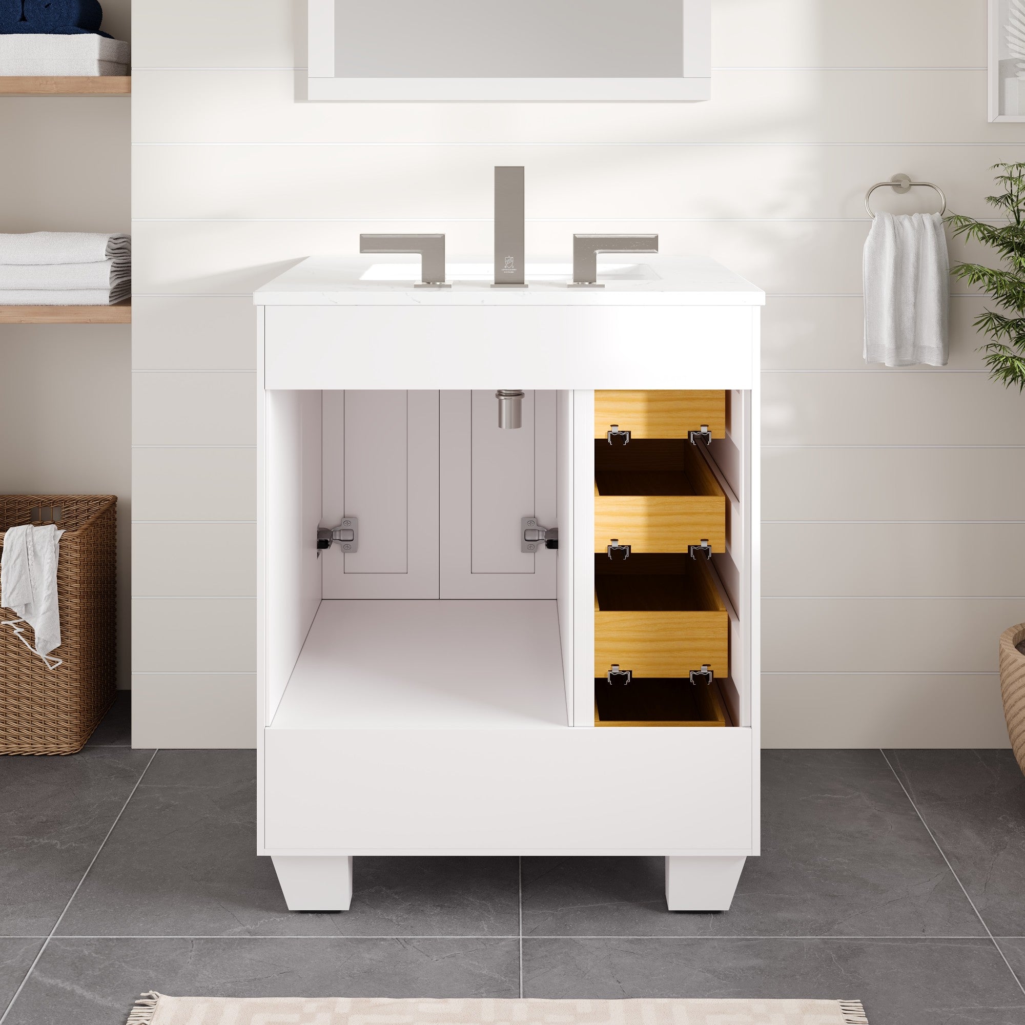 Acclaim 26 in. White Single Right Sink Bath Vanity with Carrara Quartz Top and Undermount Porcelain Sink