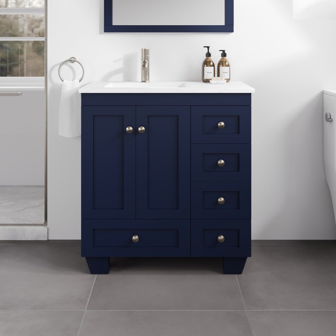 Happy 30 in. Blue Single Sink Bath Vanity with Carrara Quartz Top and Undermount Porcelain Sink - Bathroom Vanity by Eviva