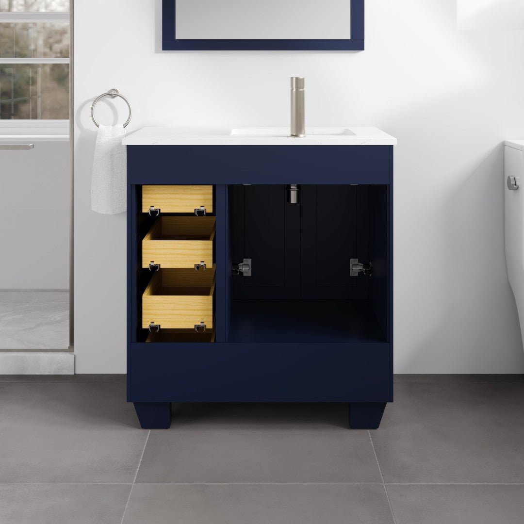 Happy 30 in. Blue Single Sink Bath Vanity with Carrara Quartz Top and Undermount Porcelain Sink - Bathroom Vanity by Eviva
