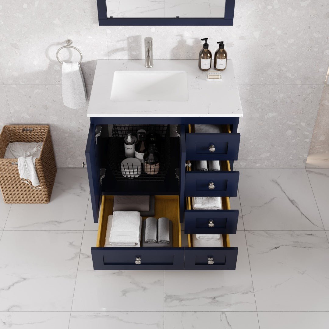 Happy 28 in. Blue Single Sink Bath Vanity with Carrara Quartz Top and Undermount Porcelain Sink - Bathroom Vanity by Eviva