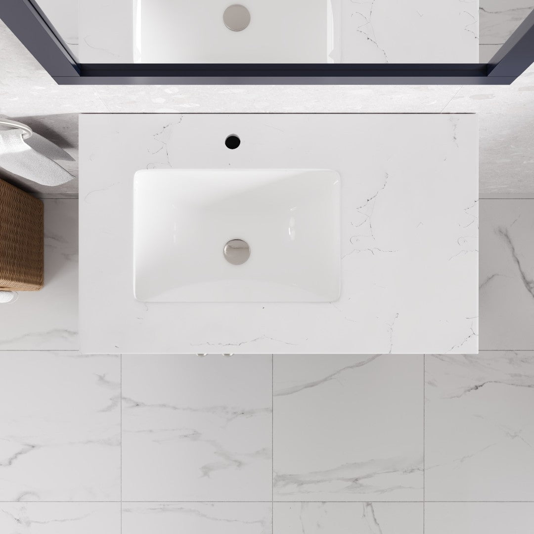 Happy 28 in. Blue Single Sink Bath Vanity with Carrara Quartz Top and Undermount Porcelain Sink