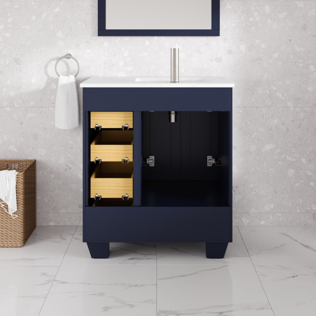 Happy 28 in. Blue Single Sink Bath Vanity with Carrara Quartz Top and Undermount Porcelain Sink
