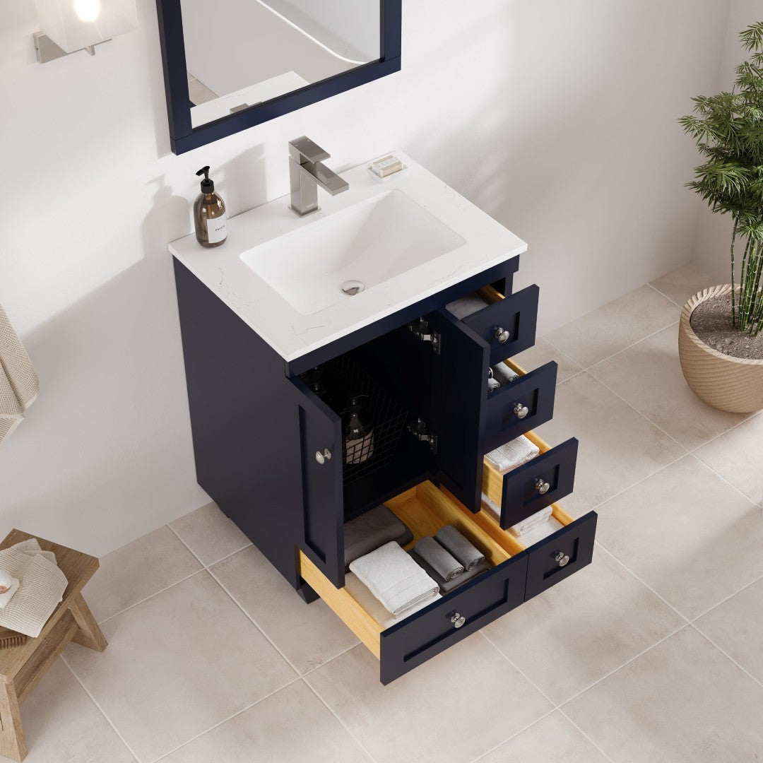 Happy 24 in. Blue Single Sink Bath Vanity with Carrara Quartz Top and Undermount Porcelain Sink