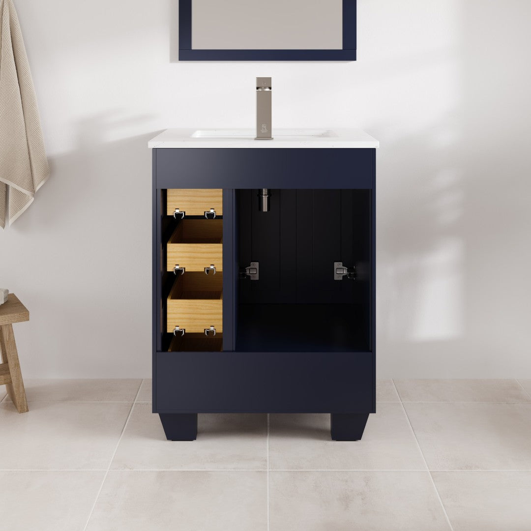 Happy 24 in. Blue Single Sink Bath Vanity with Carrara Quartz Top and Undermount Porcelain Sink