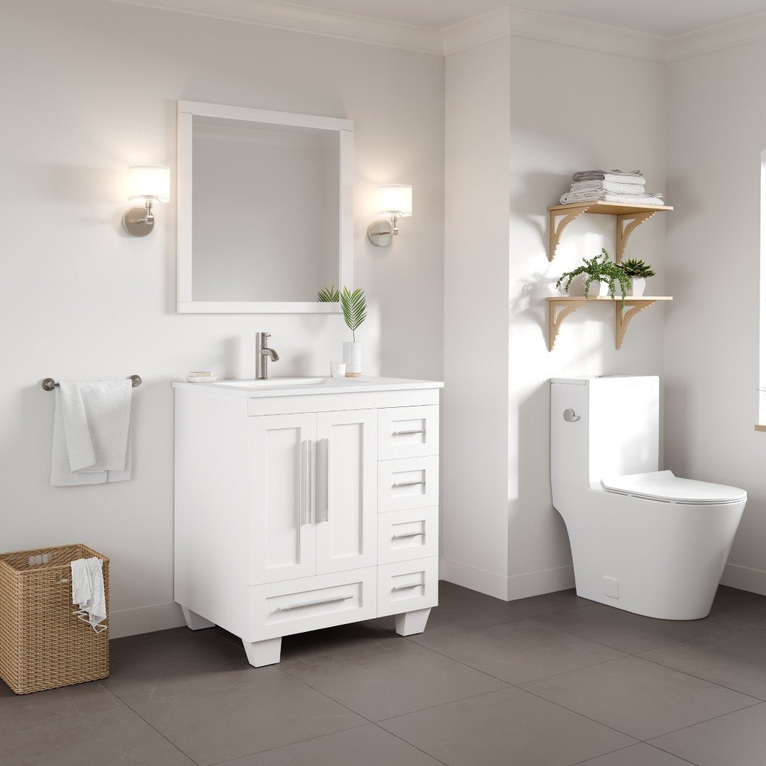 Loon 28 in. White Single Sink Bath Vanity with Carrara Quartz Top and Undermount Porcelain Sink - Bathroom Vanity by Eviva