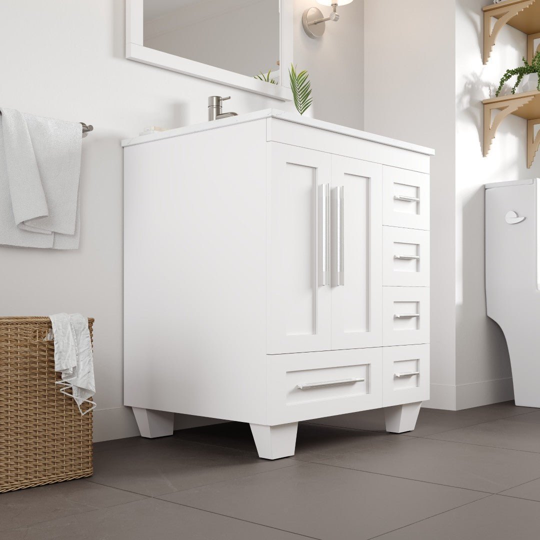 Loon 28 in. White Single Sink Bath Vanity with Carrara Quartz Top and Undermount Porcelain Sink - Bathroom Vanity by Eviva