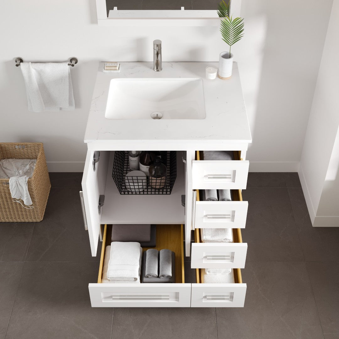 Loon 28 in. White Single Sink Bath Vanity with Carrara Quartz Top and Undermount Porcelain Sink