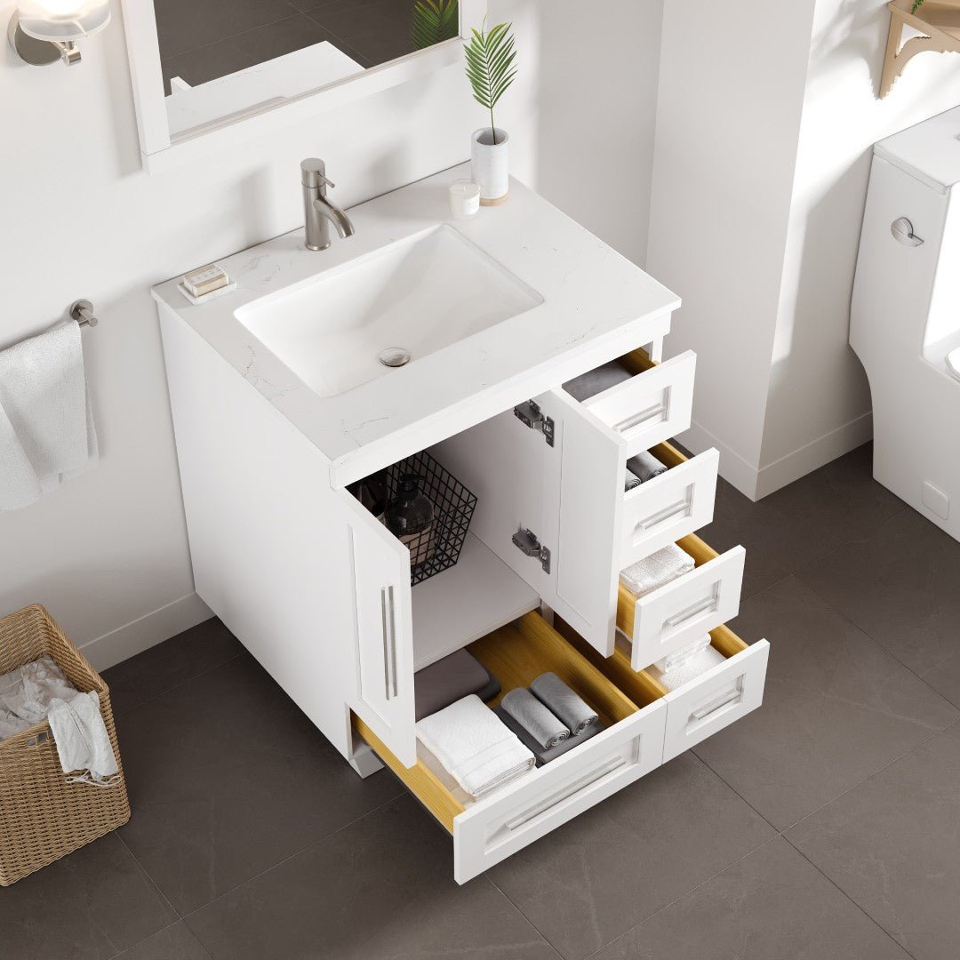 Loon 28 in. White Single Sink Bath Vanity with Carrara Quartz Top and Undermount Porcelain Sink - Bathroom Vanity by Eviva