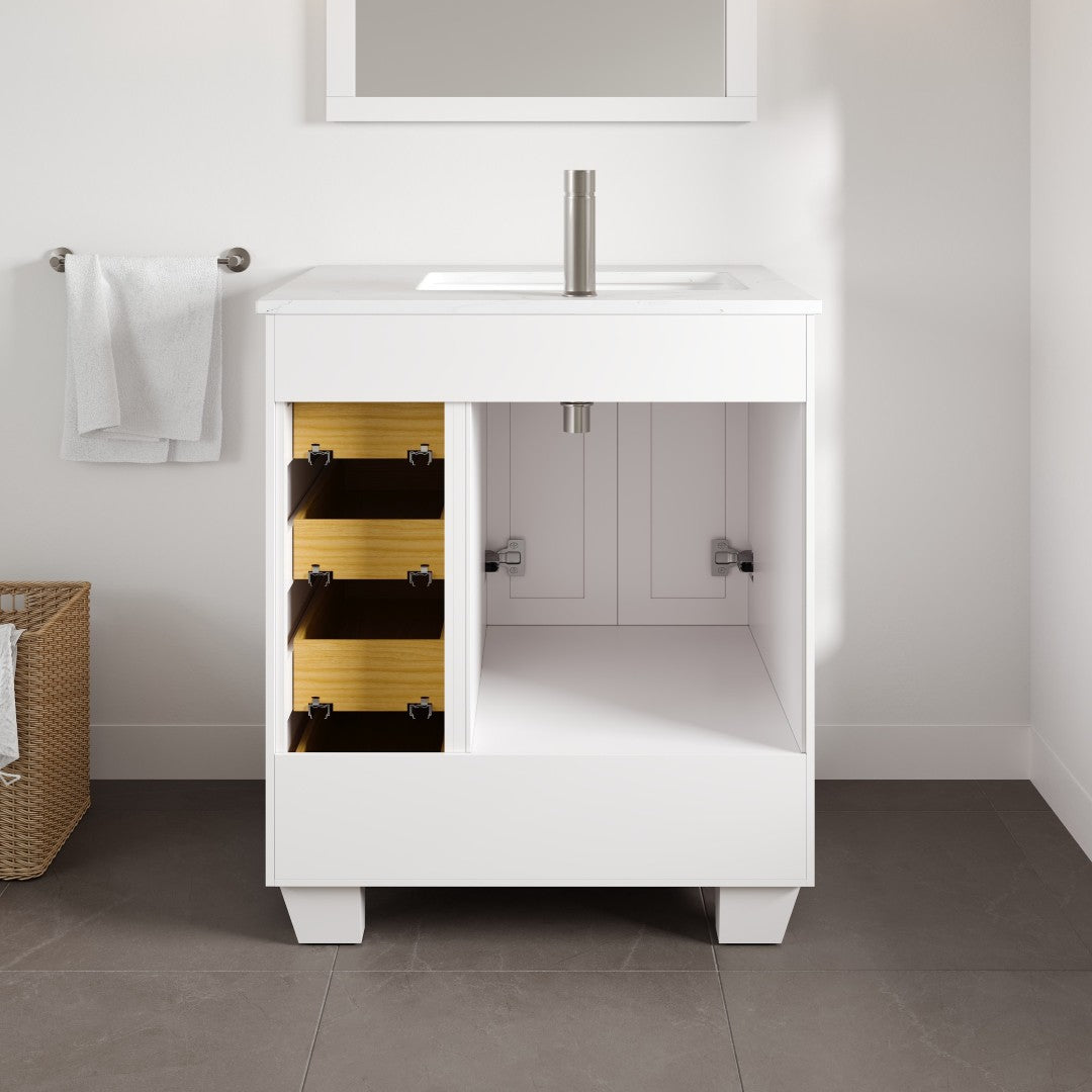 Loon 28 in. White Single Sink Bath Vanity with Carrara Quartz Top and Undermount Porcelain Sink