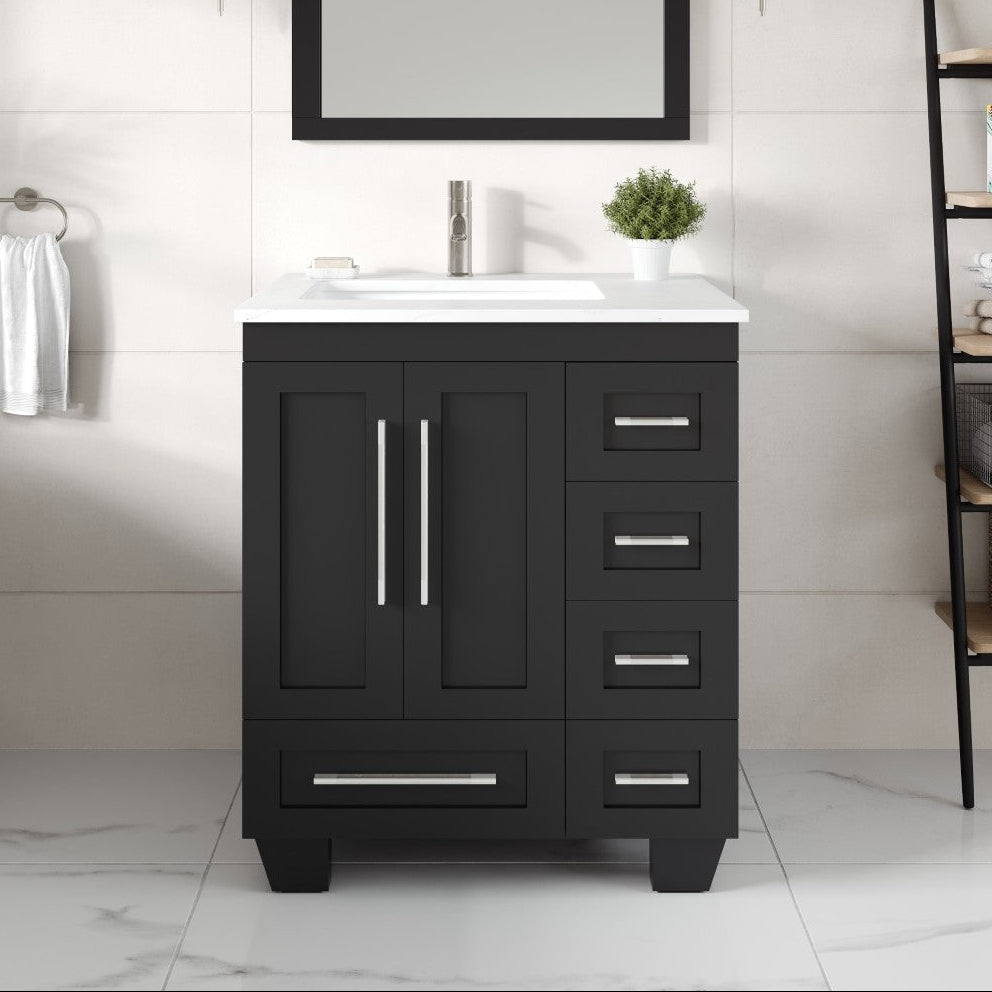 Black bathroom vanity with white countertop in a modern bathroom setting