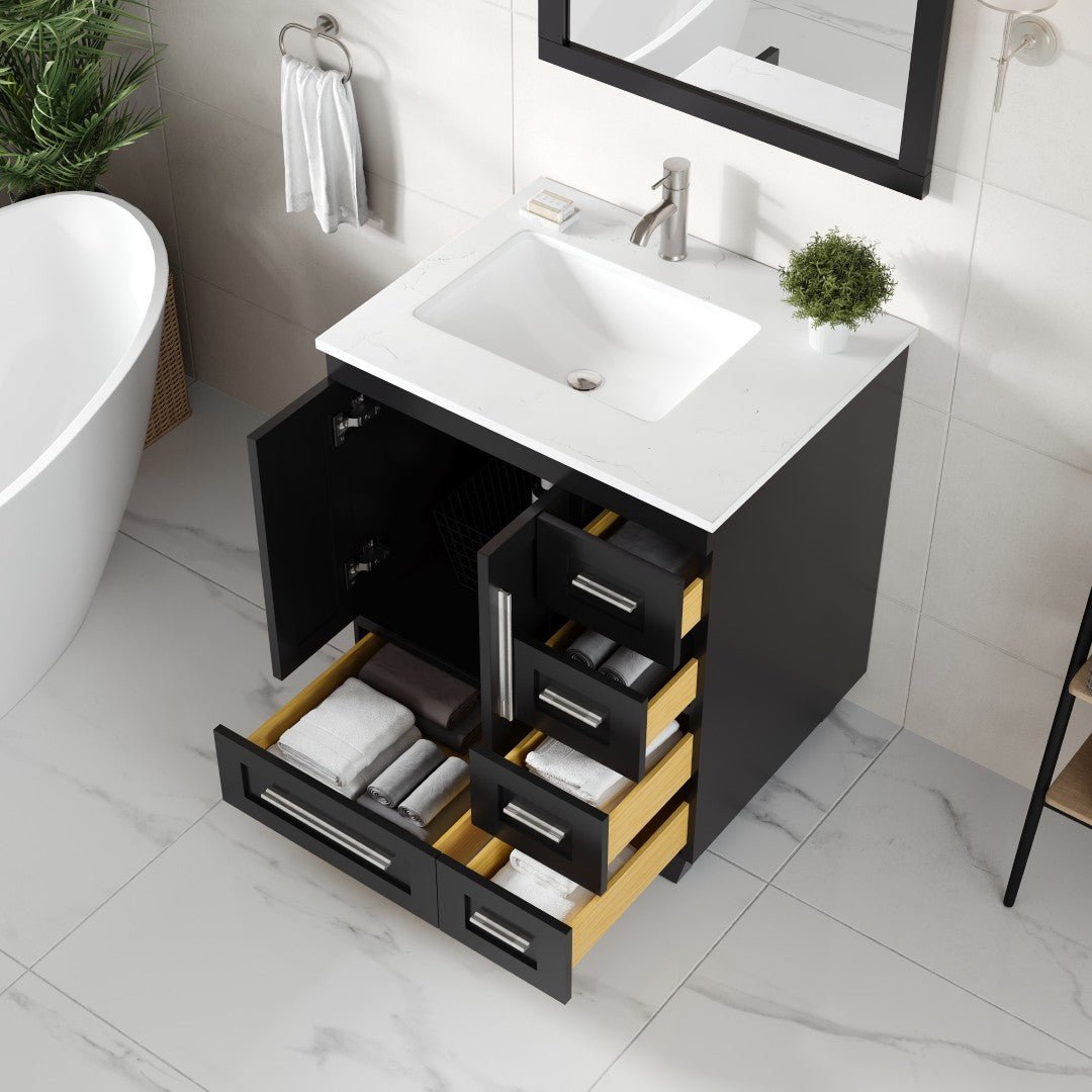 Loon 28 in. Espresso Single Sink Bath Vanity with Carrara Quartz Top and Undermount Porcelain Sink - Bathroom Vanity by Eviva