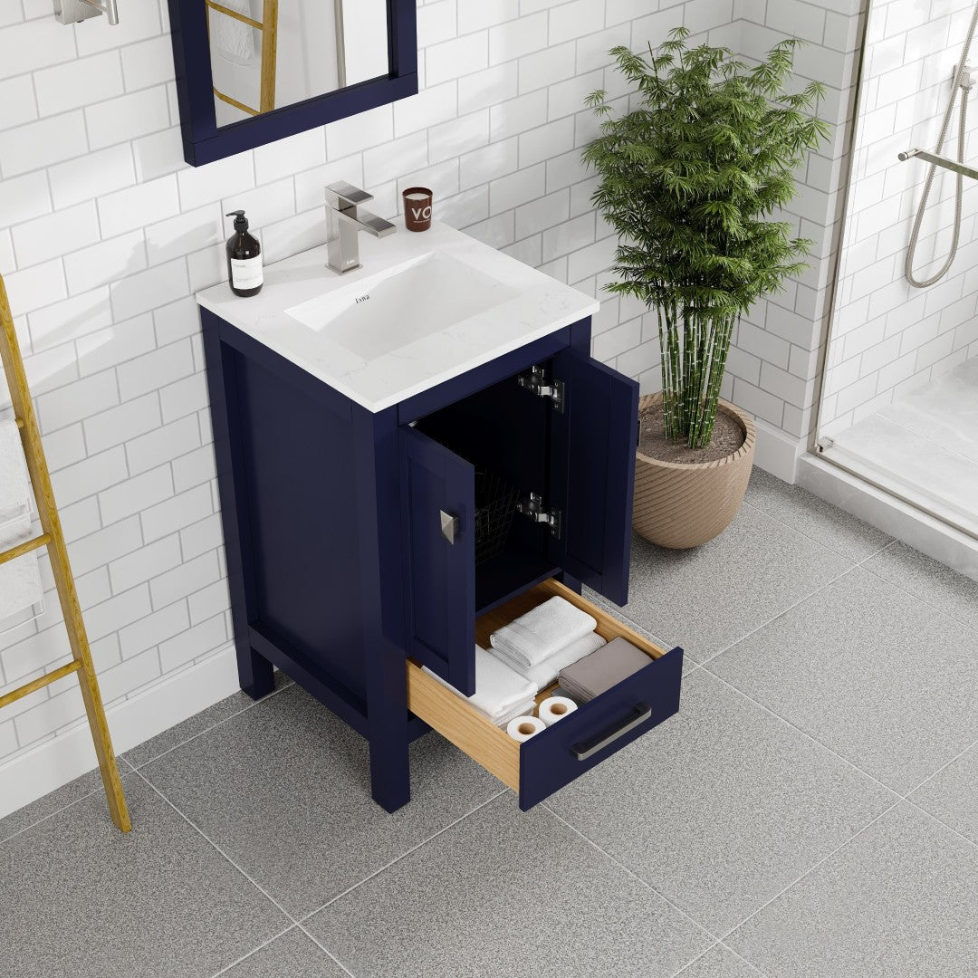London 20 in. Blue Single Sink Bath Vanity with Carrara Quartz Top and Undermount Porcelain Sink
