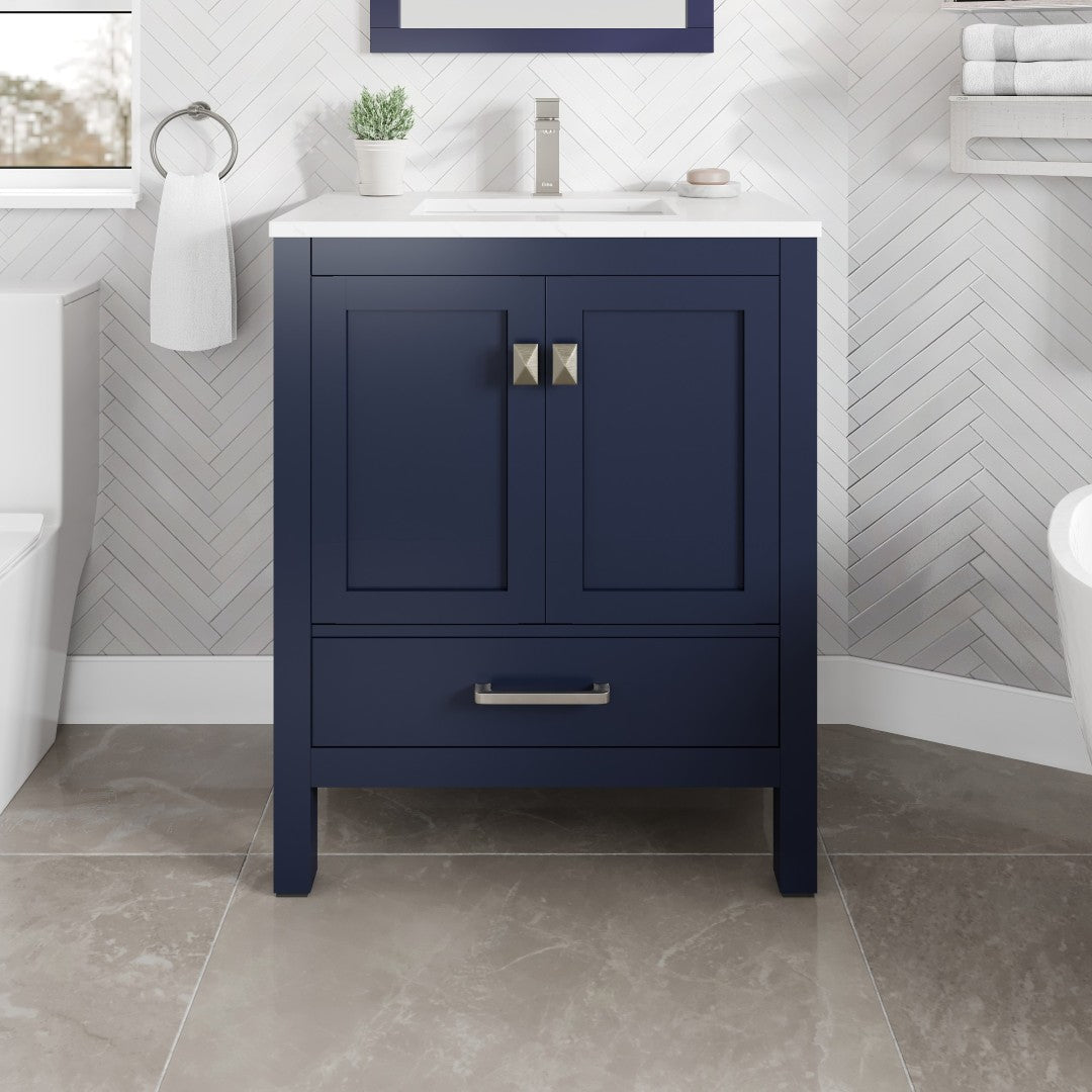 London 30 in. Blue Single Sink Bath Vanity with Carrara Quartz Top and Undermount Porcelain Sink