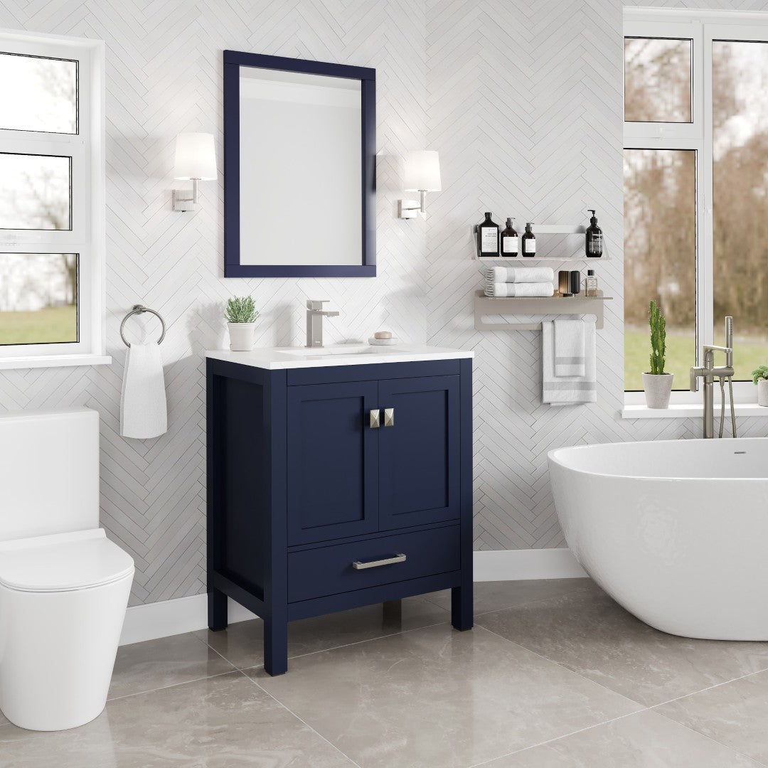 London 30 in. Blue Single Sink Bath Vanity with Carrara Quartz Top and Undermount Porcelain Sink