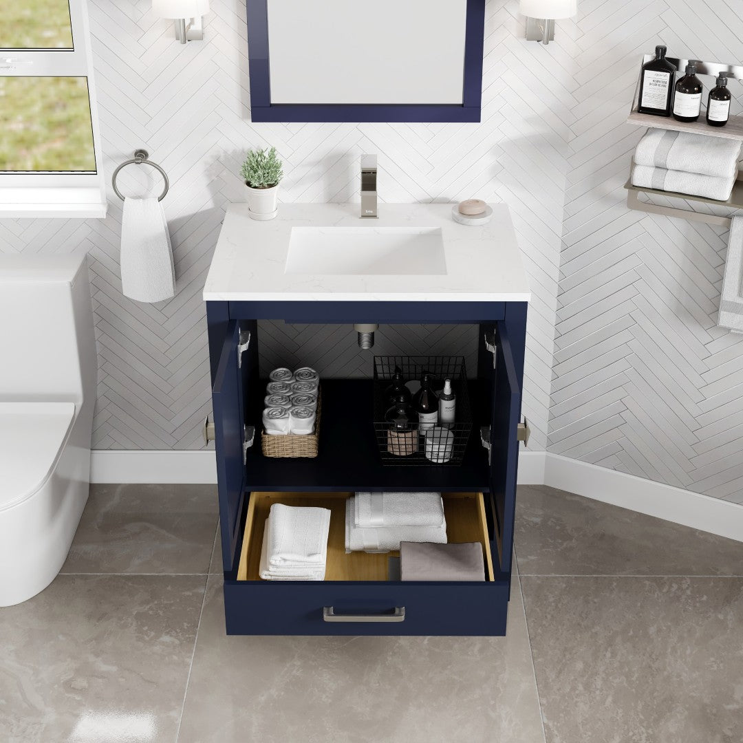 London 30 in. Blue Single Sink Bath Vanity with Carrara Quartz Top and Undermount Porcelain Sink