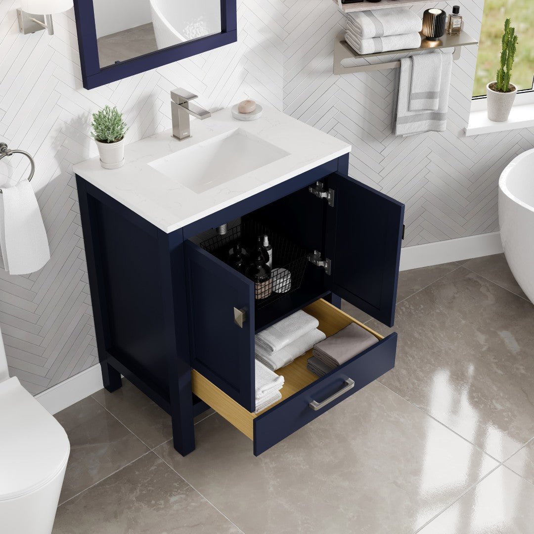 London 30 in. Blue Single Sink Bath Vanity with Carrara Quartz Top and Undermount Porcelain Sink - Bathroom Vanity by Eviva